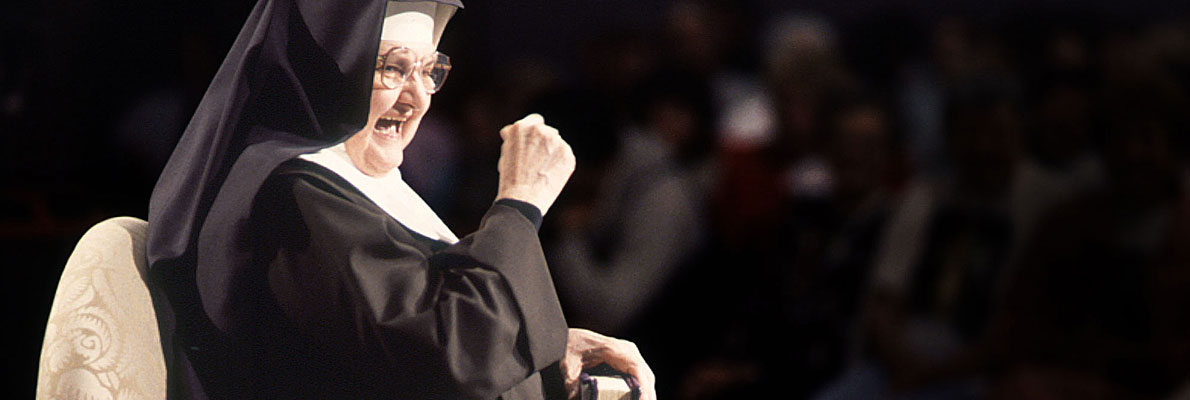 Mother Angelica hosting her EWTN television show Mother Angelica Live before a studio audience in Birmingham Alabama