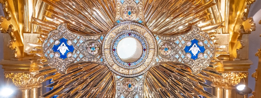 The sacred host within the Monstrance of the main church at the Shrine of the Most Blessed Sacrament